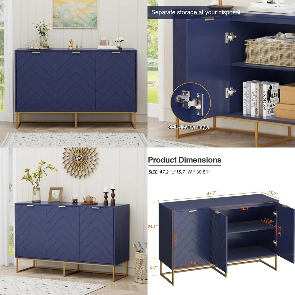Navy Blue 3-Door Sideboard Cabinet with Adjustable Shelf, Herringbone Design, Versatile Storage Buffet for Home