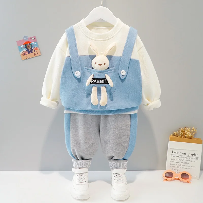 2023 new children\'s cartoon rabbit ear set boys and girls Plush suspender pants two-piece Baby Sweater sportswear