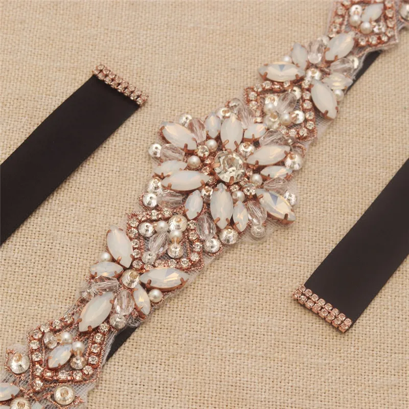 Rose Gold Color  Opal Crystal Bridal Sash Pearls Wedding Dress Waistband Dress Belt Accessories