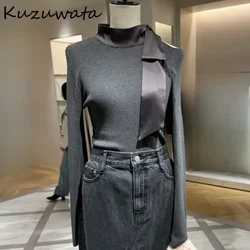 Kuzuwata All-match Knit Casual Corduroy Off Shoulder Jumper Lace Up Imperial Sister Wind Elegant Tops Japan Sexy Vintage Knitted