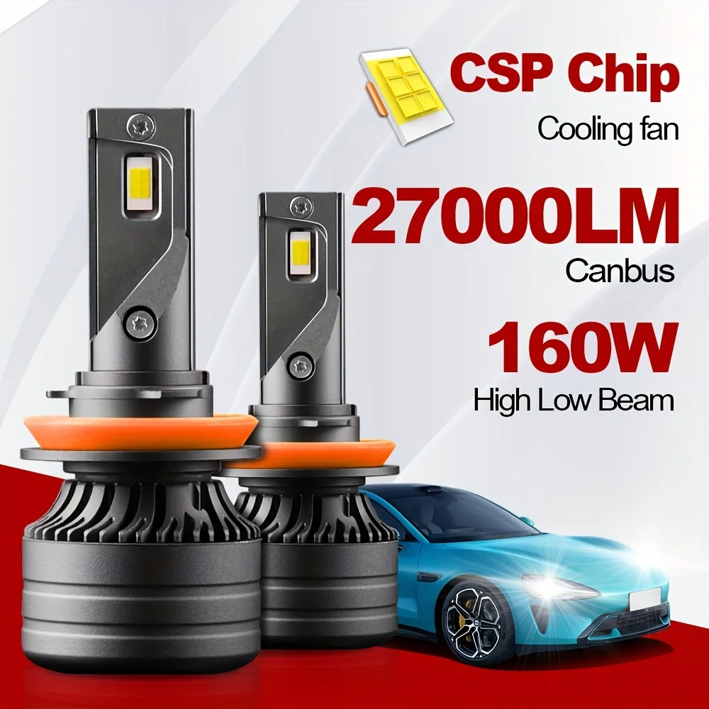 Canbus Car Headlight High Low Beam 9005 HB3 9006 HB4 H11 160W 27000LM CSP Chips 6000K LED Extermal Drive Fan Aluminum Body