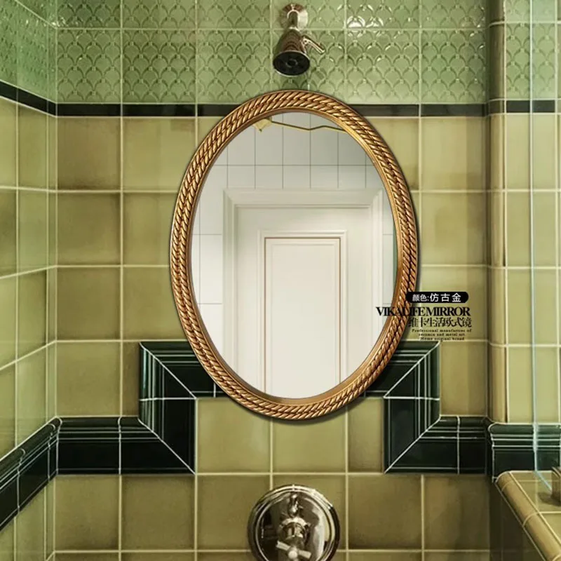 French Vintage Oval Ribbed Bathroom Wall Mirror with Golden Frame Luxury Decor Mirror for Modern Bathroom Vanity Decor