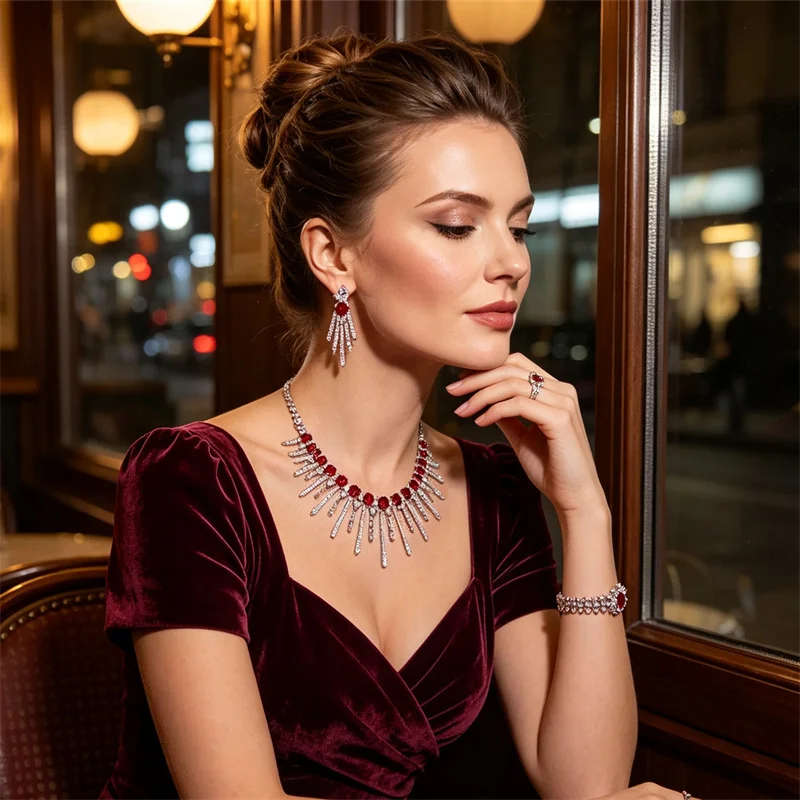 Luxury Geometric AAA Cubic Zirconia Necklace Earrings Bracelet Ring Women Wedding Party Bridal Statement Choker Jewelry Set