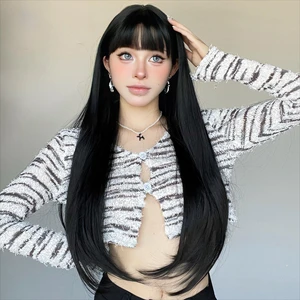 Blackwig mit langen Fransen gerade Haarperücken 28 Zoll synthetische Perücke für Frauen Cosplay -Fasern resistent gegen Wärme lolita Perücken 10 Hauptverkäufe synthetischer Gewebe - №5