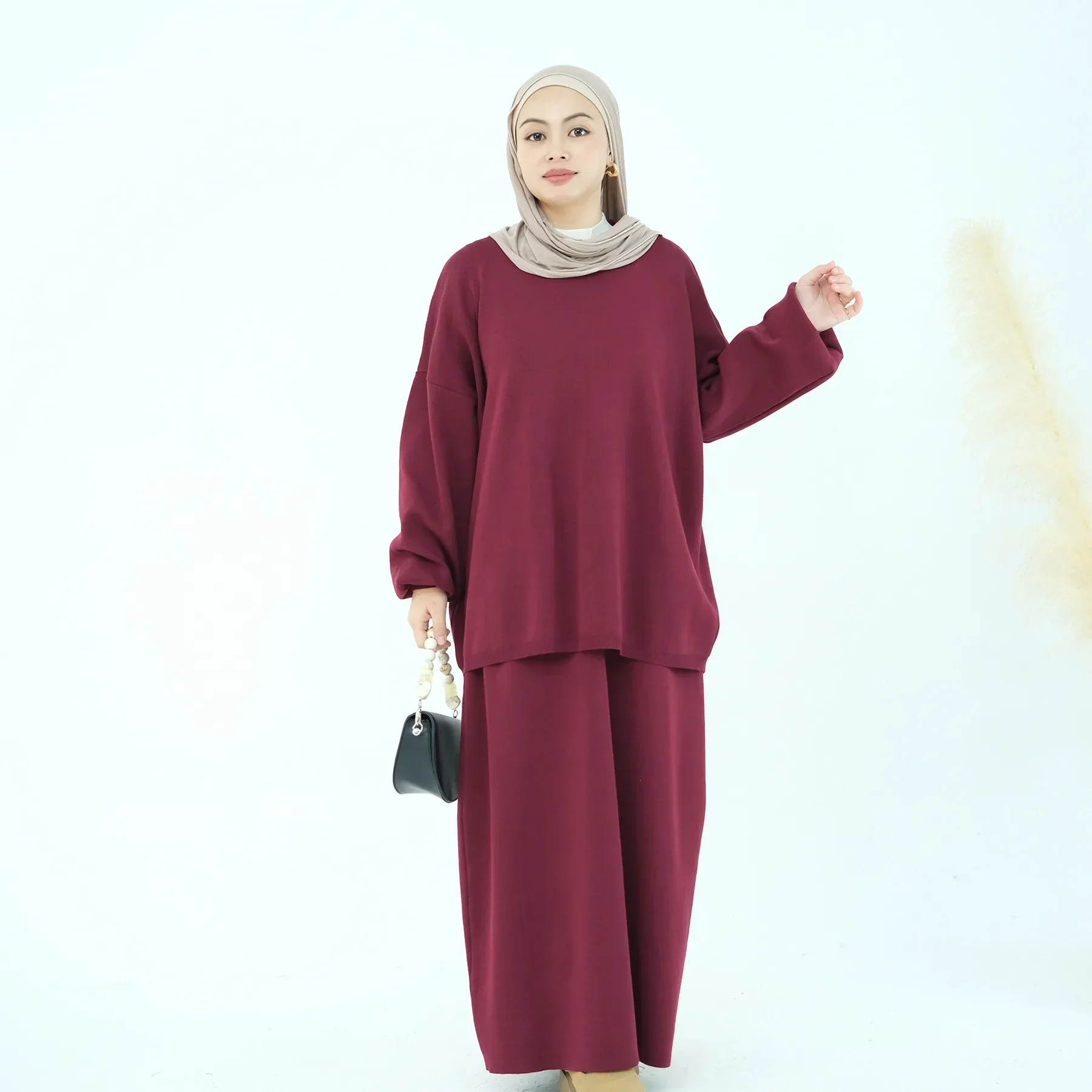 Ensemble deux pièces jupes tricotées de couleur unie pour femmes musulmanes, pull tricoté, jupe, vêtements islamiques, tenues Streetwear tendance, hiver