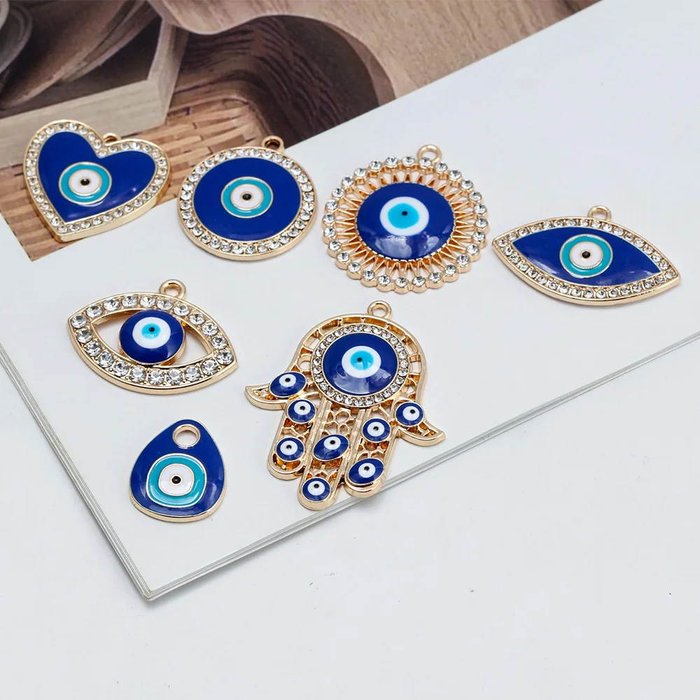 Lucky Eye 5pcs/lot Alloy Zircon Turkish Evil Eye Pendant Heart Hamsa Hand Pendant for Jewelry Making DIY Necklace Accessories