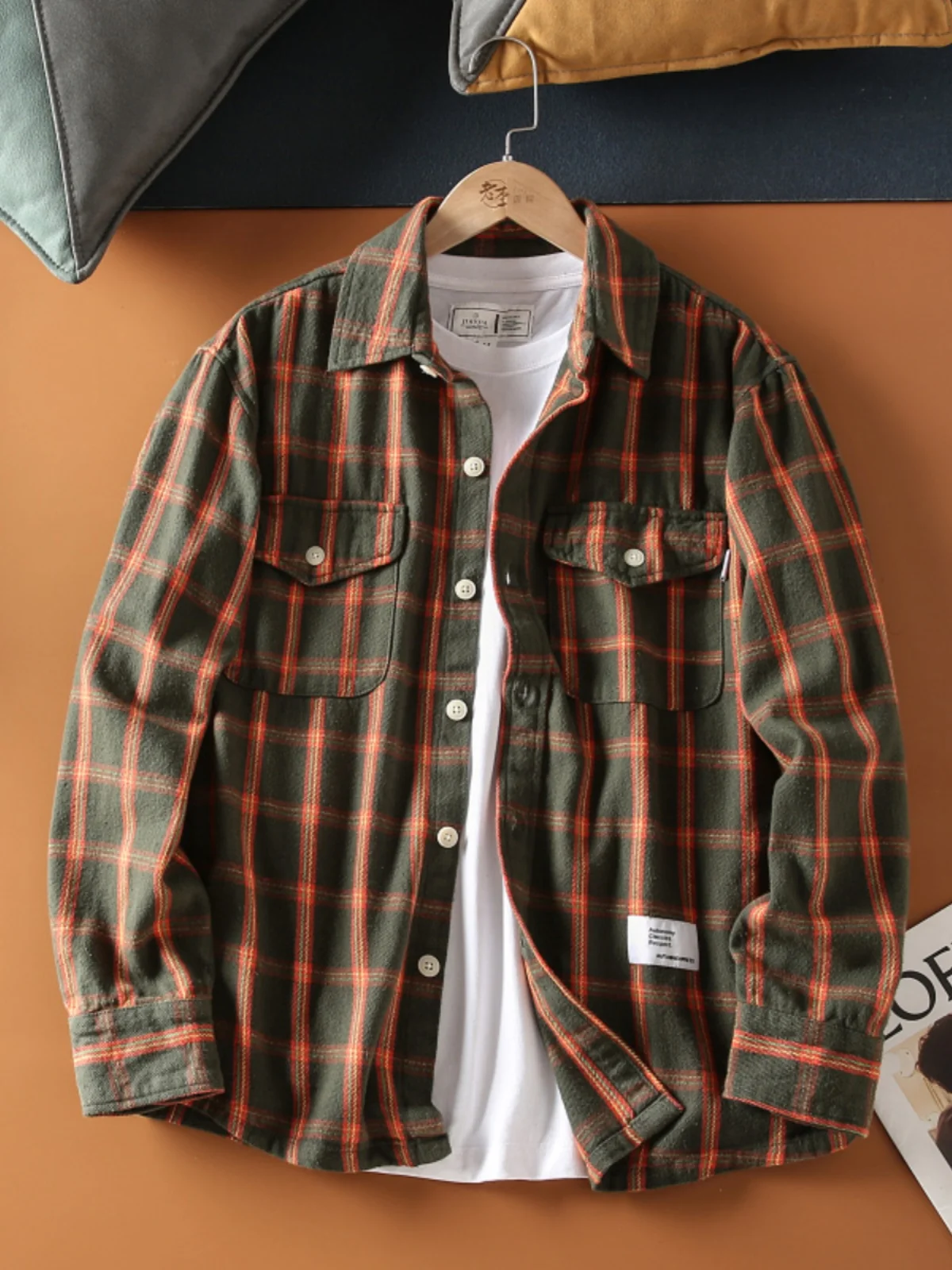 

Retro Japanese Sle Color Knit Contrast Color Plaid Men's Pure Cotton Fce Loose Casual Work irt Outerwear