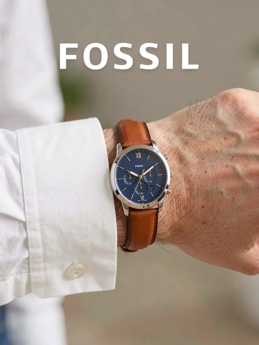 FOSSIL FS5453 Men Chronograph Quartz Watch 44mm Navy Roman Dial Brown Leather Strap For Travel Outing Father's Day Gift