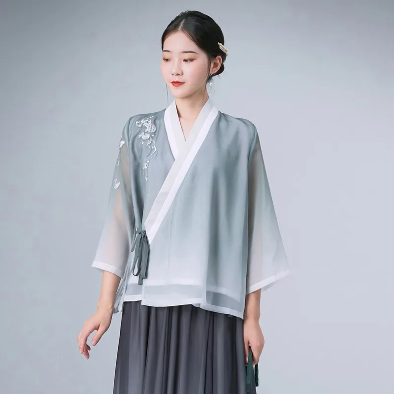 قميص Zen Hanfu الصيفي الأصلي للنساء بدلة تانغ أنيقة ملابس تقليدية فنية ريترو للنساء على الطراز الصيني العرقي #3
