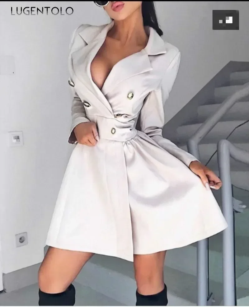 Women Sexy Fashion Trench New Double Breasted Solid Big Swing Lady Elegant Casual Slim Spring Autumn Short Coats