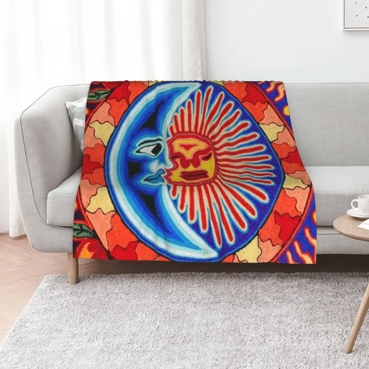 Mexican Sun Crescent Moon Colorful Huichol | Mexican Blanket Design | Large Cozy King Size | Vintage Folk Art - Throw Blanket