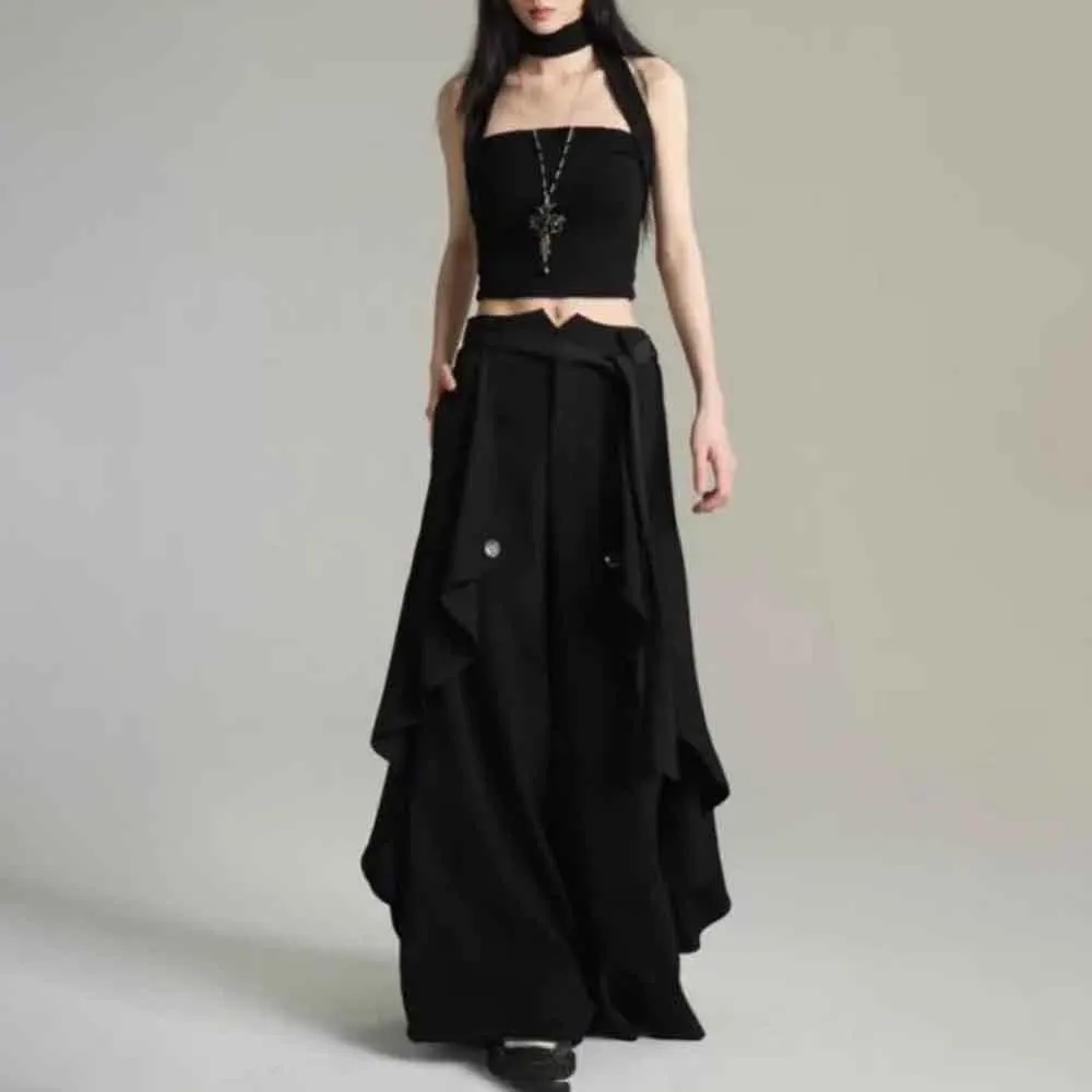 

Y2k Осенние брюки-кюлоты с нерегулярной боковой распашкой Самурайские брюки Хакама без гендерной уличной одежды модная готическая темная юбка брюки унисекс 2025