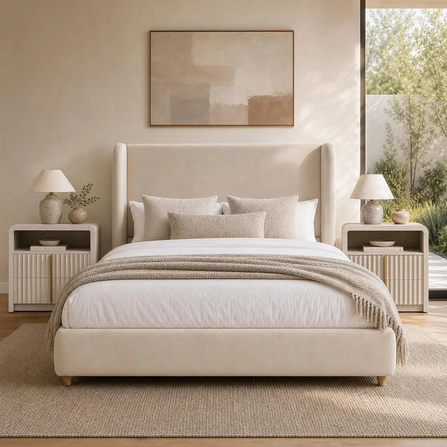 Queen Upholstered Platform Bed Wingback Headboard Beige, Customized