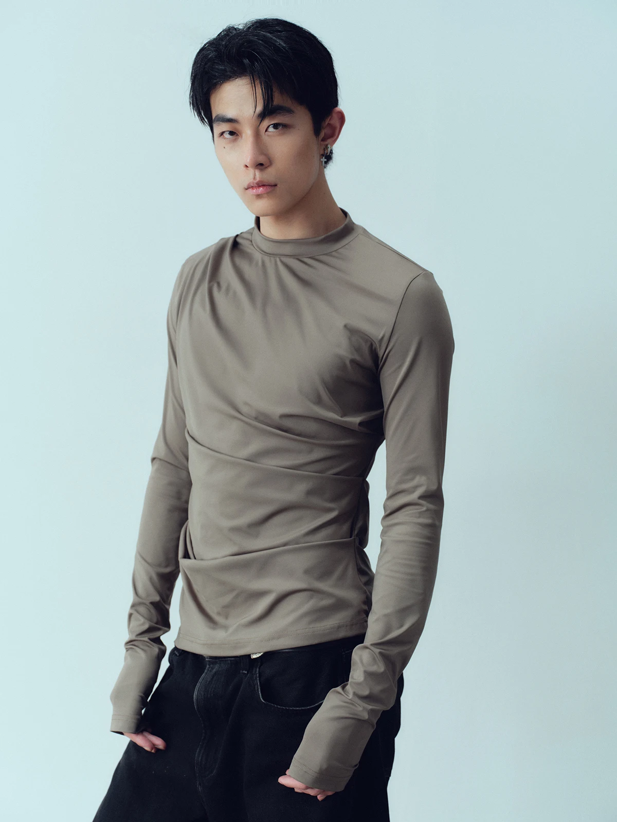 

KADAKADA Original Street Style Long Sleeve T-Shirt Breathable Slim Fit Pleated Wave Twisted Elasticity Casual round Neck Top