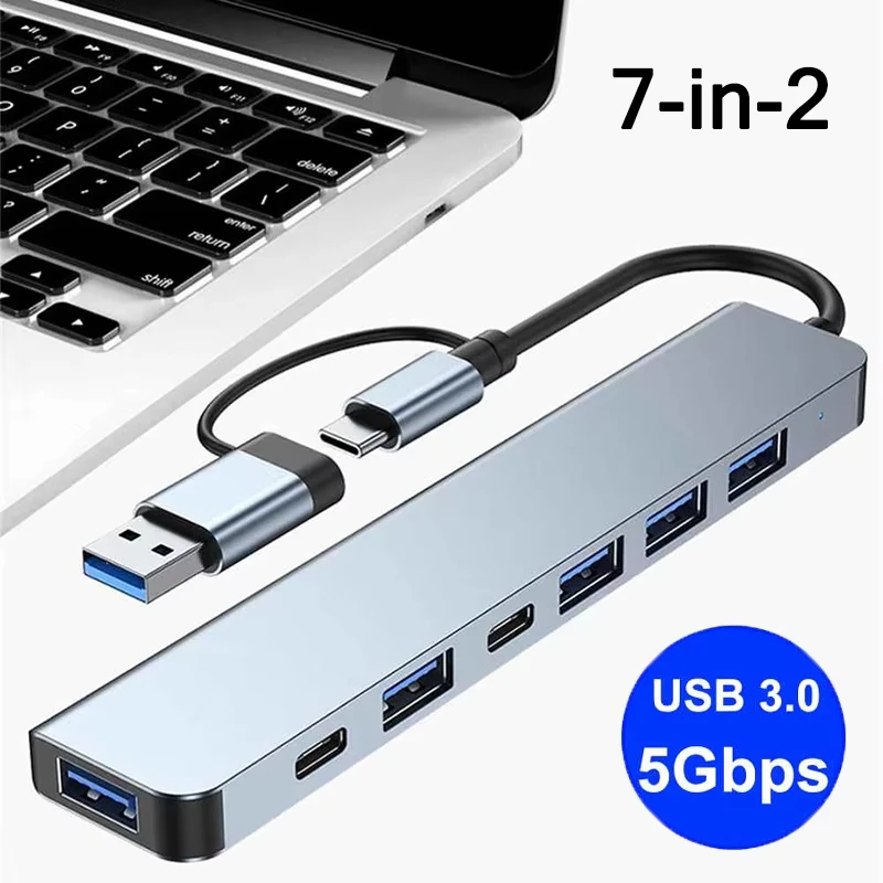 7 портов USB3.0 Type C Hub 7 в 2, док-станция-концентратор U Disk Card Reader PD Fast Charge для MacBook, ноутбуков, ПК, компьютеров 7 портов USB3.0 Type C Hub 7 в 2, док-станция-концентратор U Disk Card Reader PD Fast Charge для MacBook, ноутбуков, ПК, компьютеров