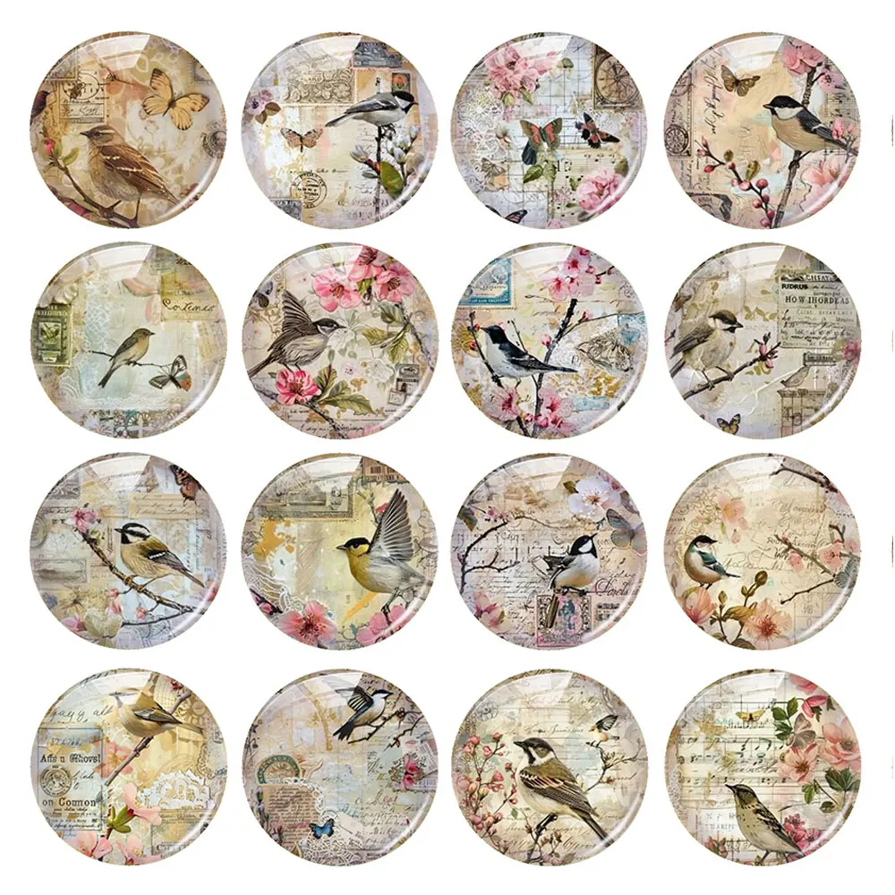 Random Mixed Round/Oval/Square Vintage Bird Flower Collage Photo Glass Cabochon Flatback Demo Cameo For Diy Jewelry Making