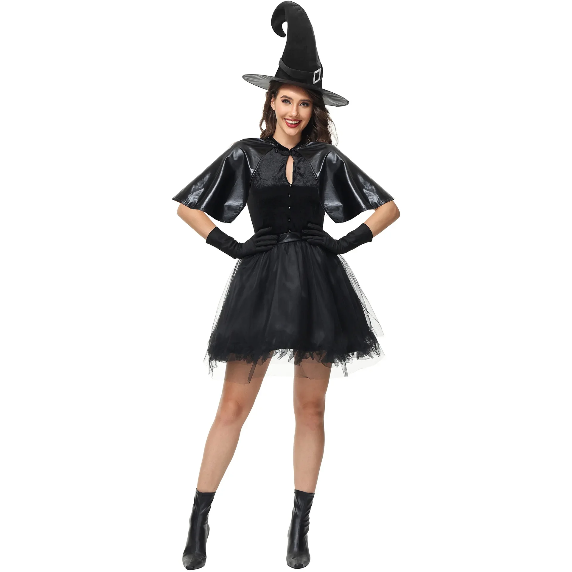 Gothic Black Witch Dress Pointed Hat Cosplay Outfit Women Wizards Vampire Role Play Costume Carnival Halloween Party Fancy Dress