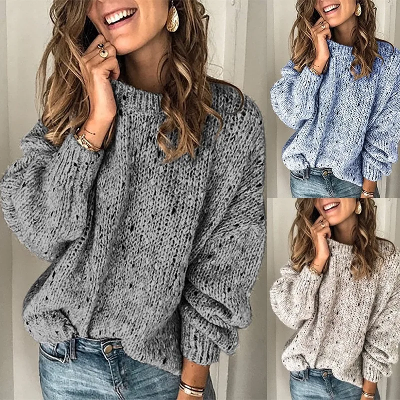 Women's Casual Pullover Long Sleeve Crew Neck Flower Point Knitted Sweater Autumn And Winter
