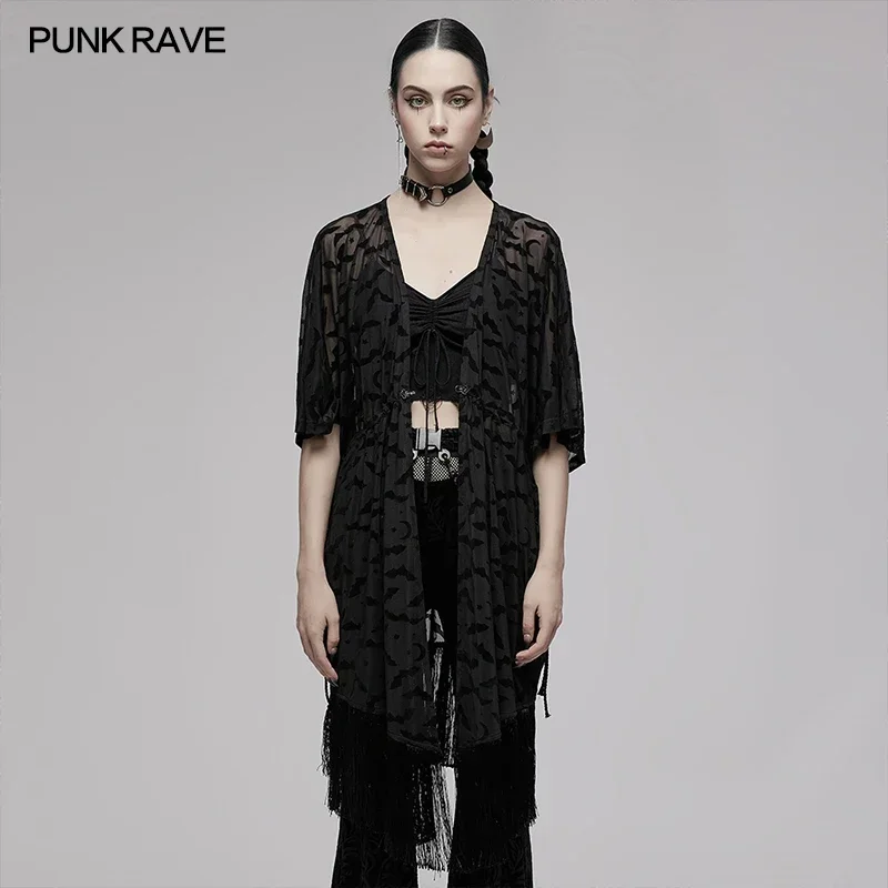 

PUNK RAVE Women's Chinese Style Tassel Bat Moon Flocking Coat Gothic Decoration Casual Wizard Hat Halloween Cardigan