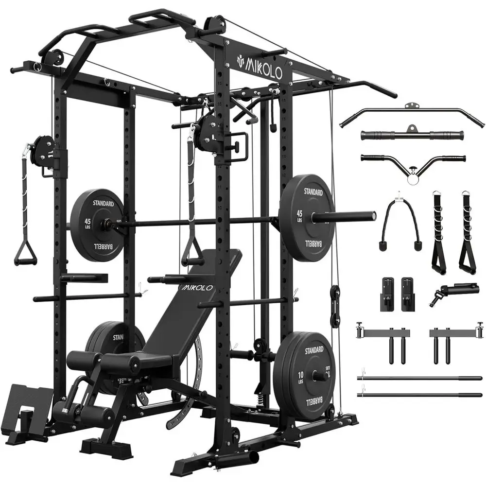 

Heavy-Duty 1500LB Squat Stand with Pulley and Lat Pulldown Attachments for Home Gym