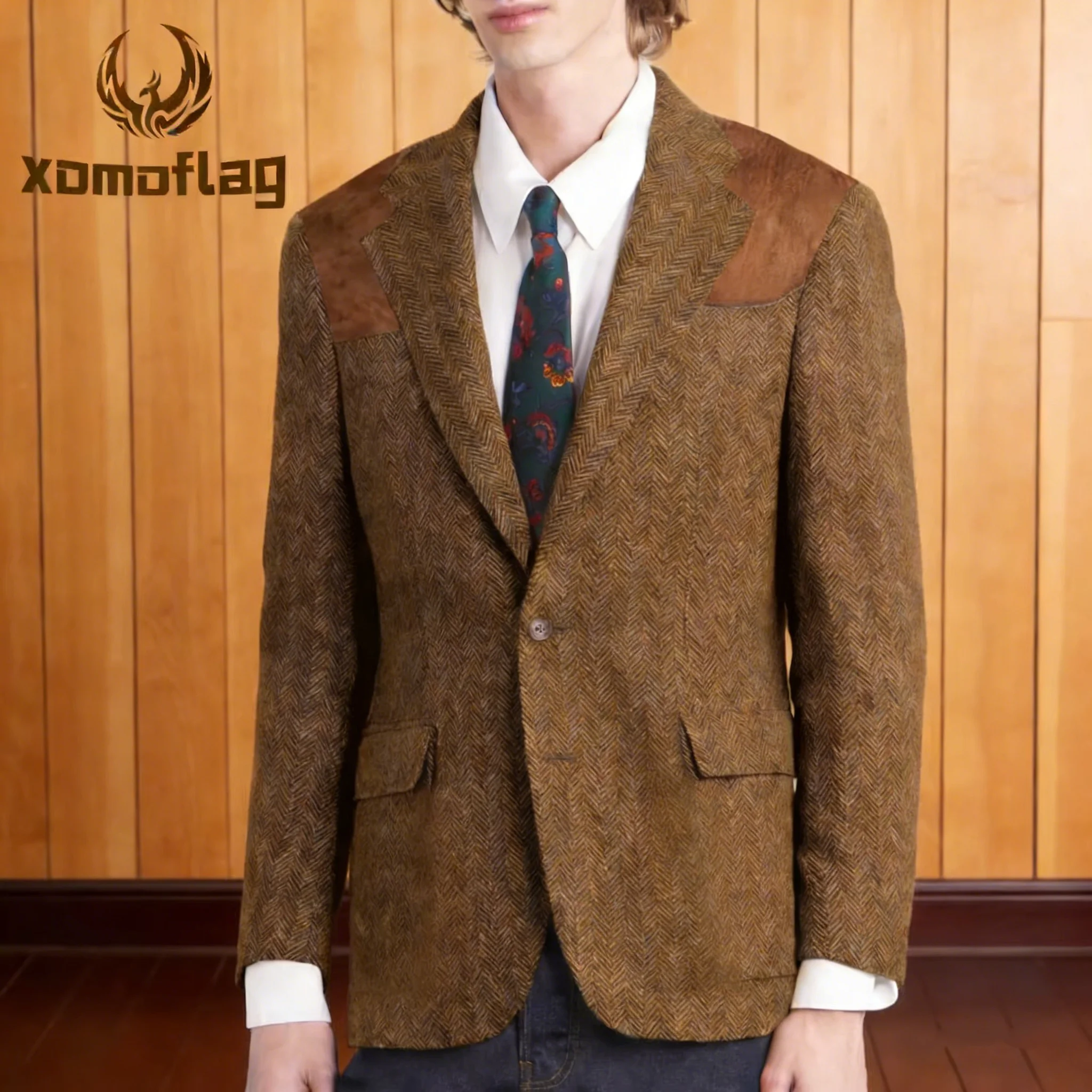 

Retro Men's Blazer with Shoulder Patch Herringbone Tweed Suit Jacket Formal Business Tuxedos Autumn Winter Men Sport Coat New