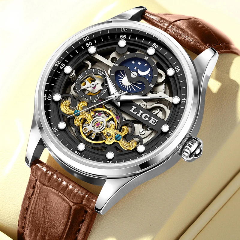 LIGE Hollow Mechanical Wristwatch for Men Fashion Leather Waterproof Watch Men Casual Business Luminous Automatic Men's Watches