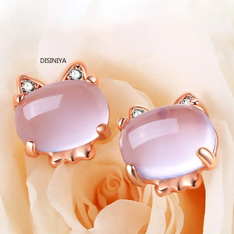 New Arrival Cute Rose Pink Opal Kitty Cat Pendant Necklace for Women Girls Children Gift Lovely Quartz Romantic Wedding Jewelry