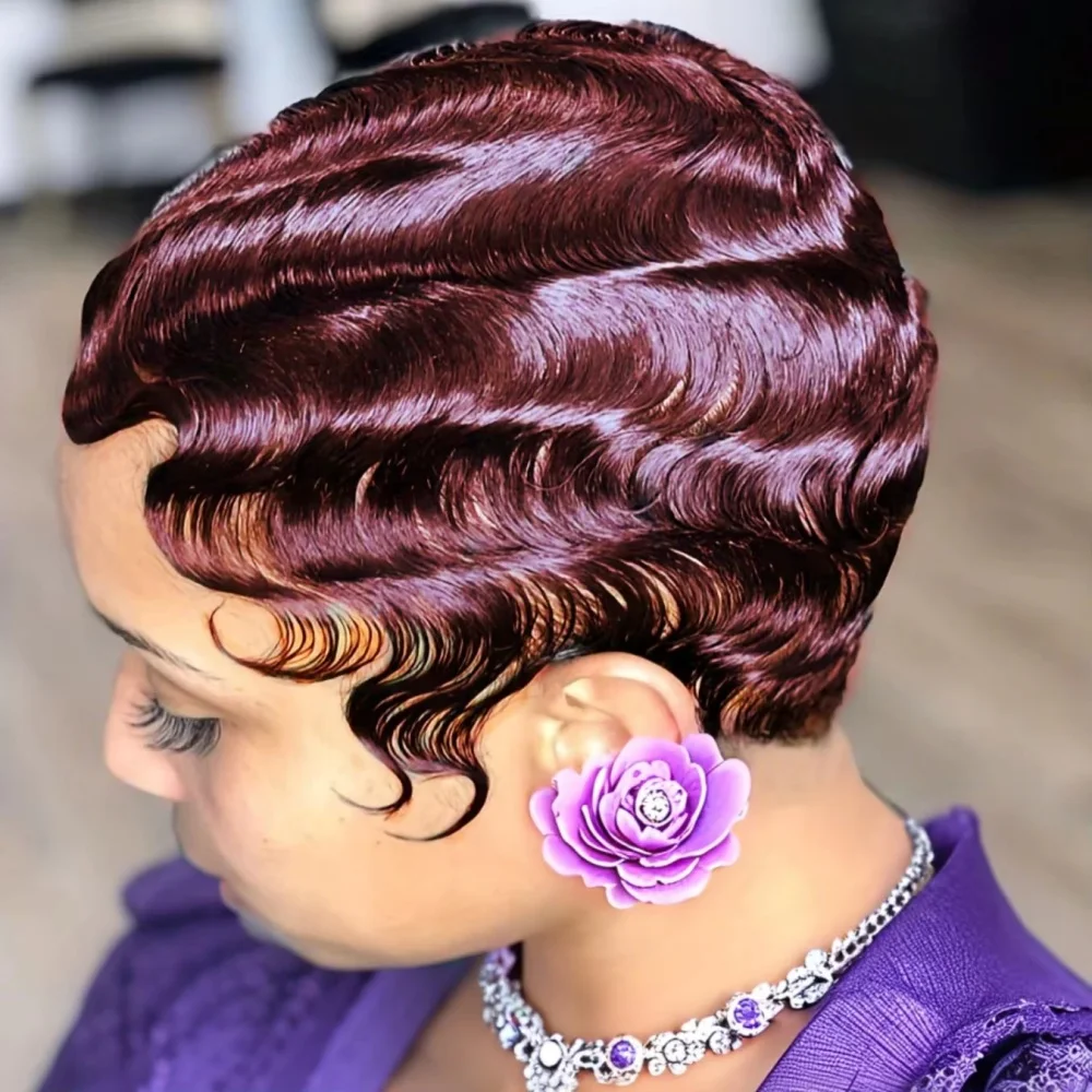 Finger Wave Human Hair Pixie Cut Wig Layered Style For Women 180% Density Machine Made Wig