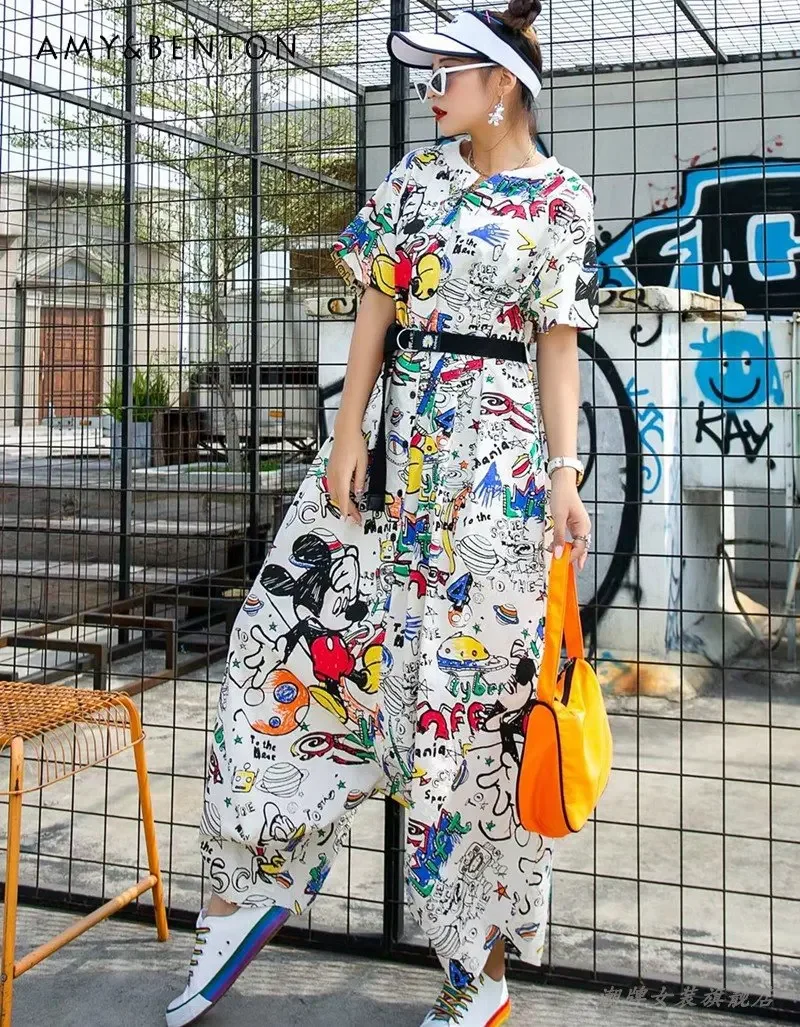  Fashion Brand New Casual Cartoon Graffiti Retro Workwear Jumpsuit For Women's Oversize Slimming Jumpsuit Ladies Summer