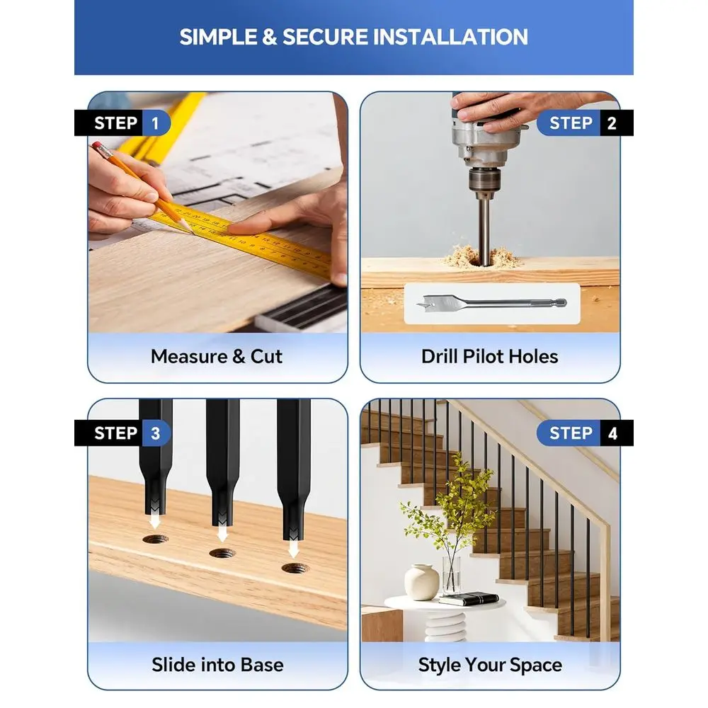 44 Square Hollow Metal Balusters, 32-Pack for Interior Staircase, 1/2 Wrought Iron Spindles, Black Indoor Railing