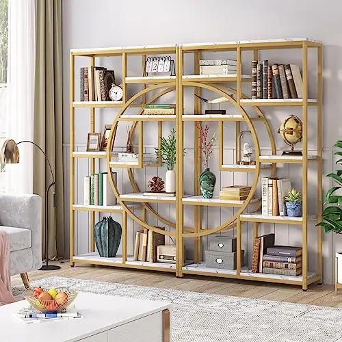 Bookshelf Industrial Etagere Bookcase (Gold, 2 Pack)