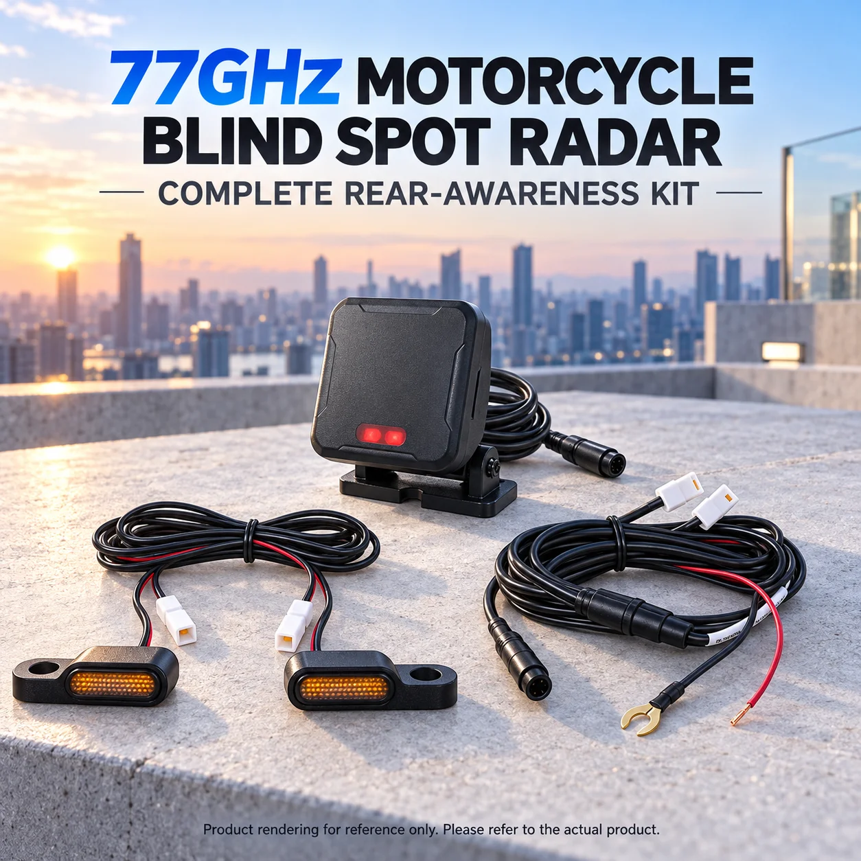 Motorcycle BSD and Lane Change Assist Kit with 77GHz Rear Radar, 8.4m Blind-Spot Zone and Dual LED Warnings