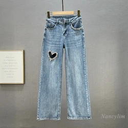 2024 Spring Summer Women's Wide-Leg Jeans New High Waist Hollow Out Mop Trousers Fashion Diamond Denim Pants Female Clothes