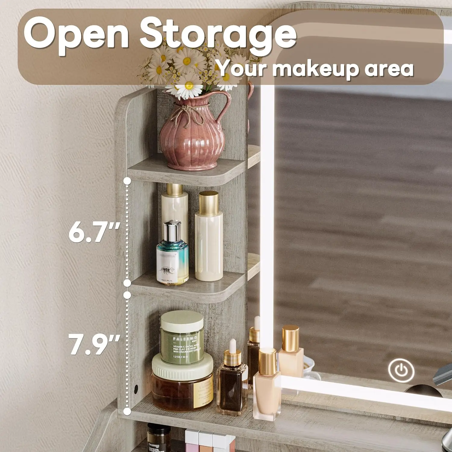 Compact Makeup Vanity Desk with Mirror, Lights, Storage Drawer, Chair and Shelves in White Walnut Finish