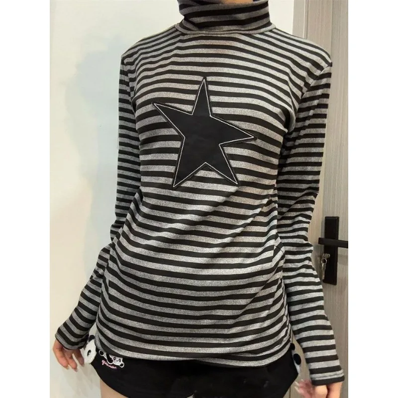 

Deeptown Y2k Gray Striped Vintage Women T-Shirts Harajuku Star Patchwork Long Sleeve Turtleneck Korean Fashion Tees Slim Hip Hop