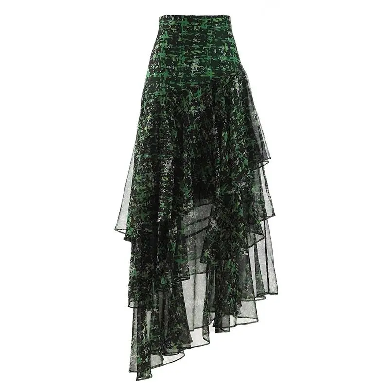 2025 Summer Green Chiffon Skirt in European and American Style, High-waisted Long Skirt, Irregular Beach Holiday Dress