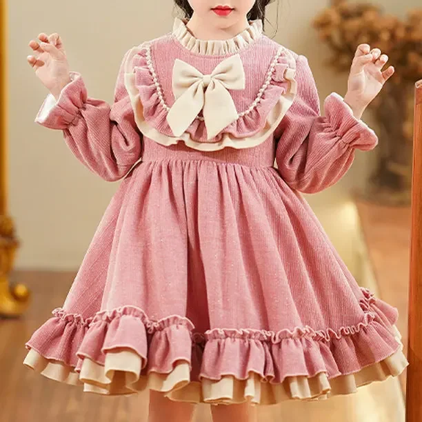 Girls 2023 Winter New Fashionable Korean style Dress Children Fashionable Bow Lace Collar Plush Thickened Princess Dress