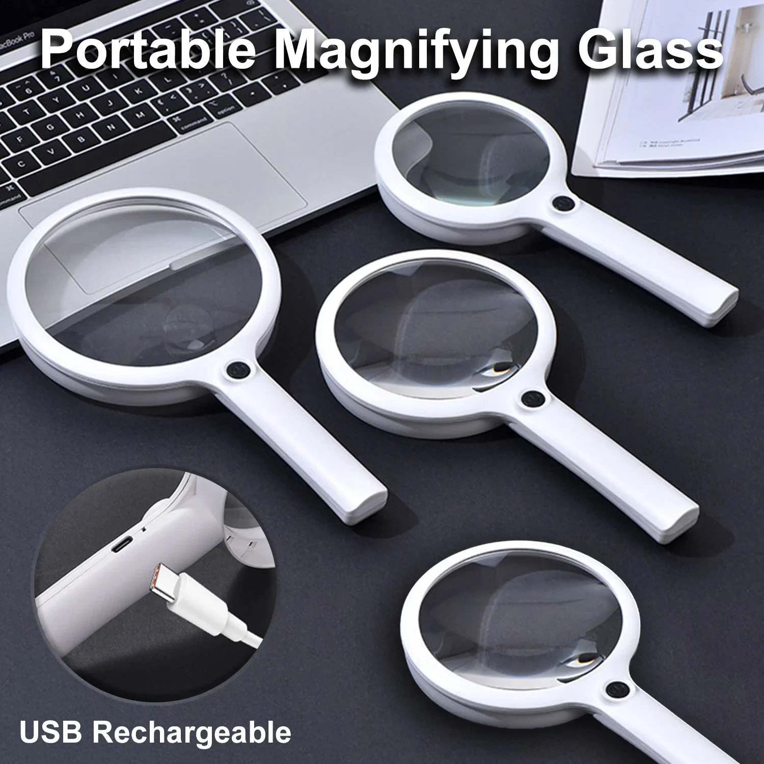 Handheld Magnifier 40/30/20X Rechargeable Illuminated Magnifying Glass with 3 Light Modes Portable Magnifier for Reading Repair