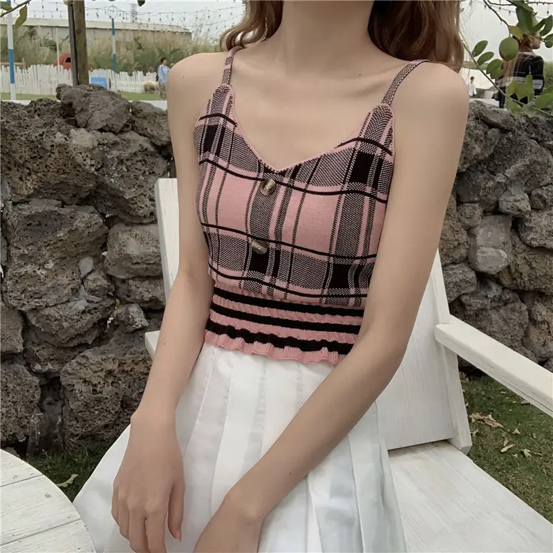 Spring Summer 2024 New Korean Fashion Buttons V-neck Camis Women Clothing All-match Pleated Elasticity Plaid Camisole Femme