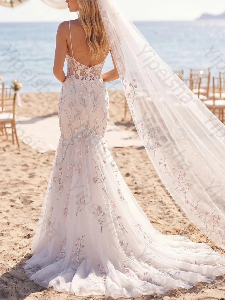 Customized White Pink Flower Mermaid Corset Sweep Train Wedding Dresses Sexy Backless Evening Dress High Quality Prom Party Gown