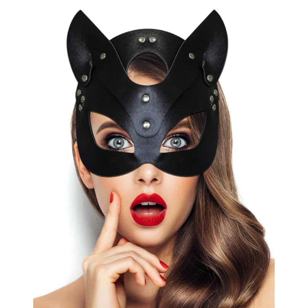 Elegant PU Leather Cat Half Face Mask for Adults Phantom of the Opera Style Masquerade Halloween Cosplay Party Costume