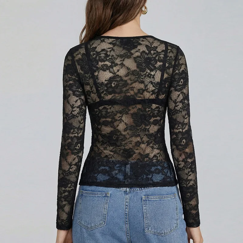 Sexy Semi-transparent Lace Shirt 2026 New V-neck Long-sleeved Pullover