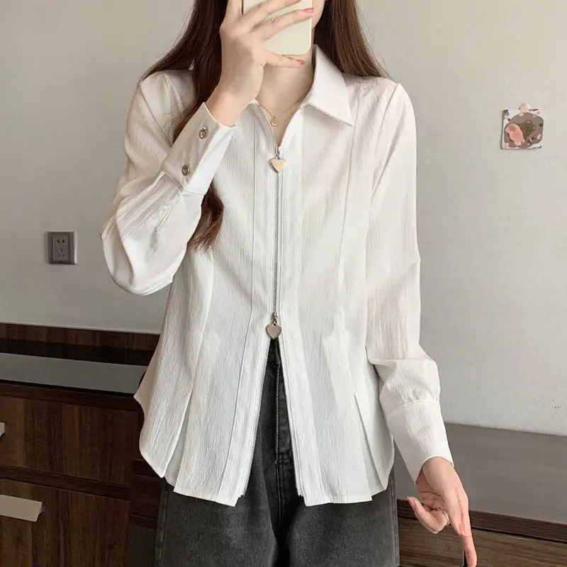 

Large Size Double Zipper Long-sleeved Shirt Design Sense High-end Shirt Autumn New Slimming Top Covering Meat