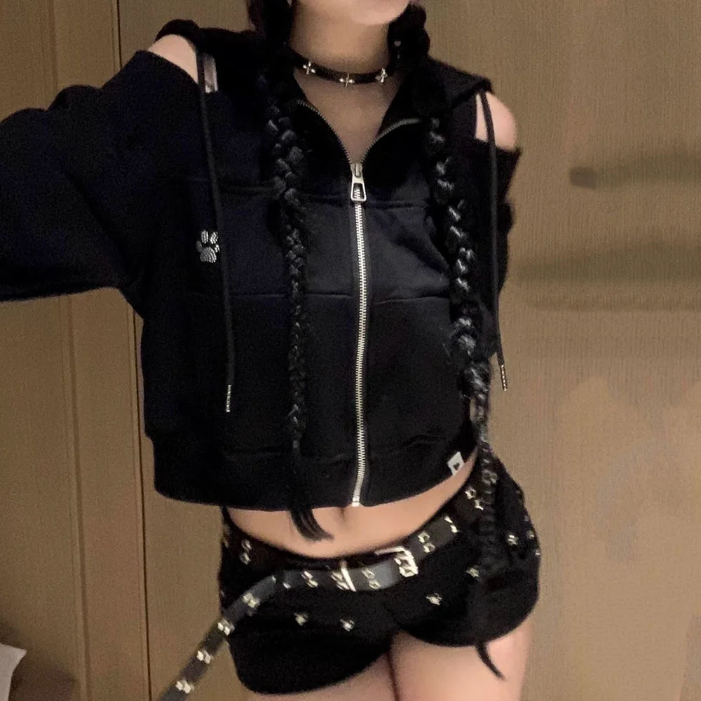 Y2k Women Sweatshirt E-girl Off Shoulder Harajuku Zip-up Coat Autumn Crop Tops Hoodies Jacket Female Cat\'s Paw Print Streetwear