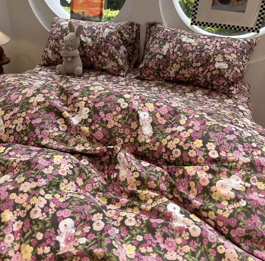 

Vintage american flower rabbit bed set 1.2 1.5 1.8 2.0,twin full queen King cotton home textile bed sheet pillowcase quilt cover