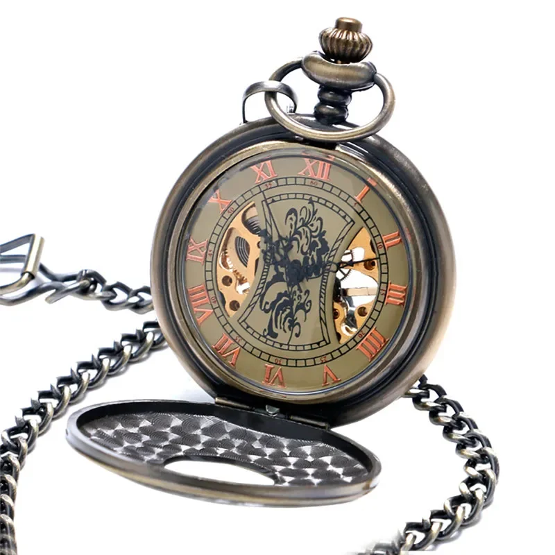 Bronze Roman Numerals Case Steampunk Pocket Watch Skeleton Mechanical Handwinding Clock with Fob Pendant Chain Gift To Men