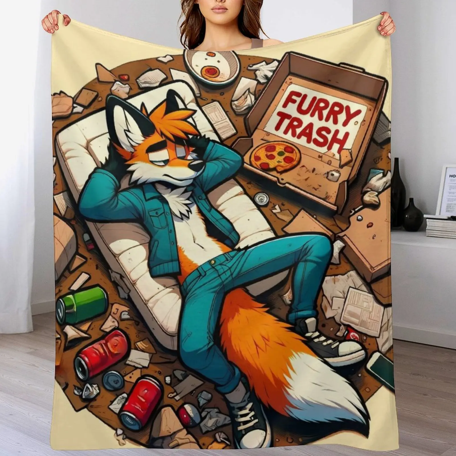 Anthro Furry Trash Fox Art Throw Blanket Shaggy Furry Soft Blanket for Bedroom Living Room