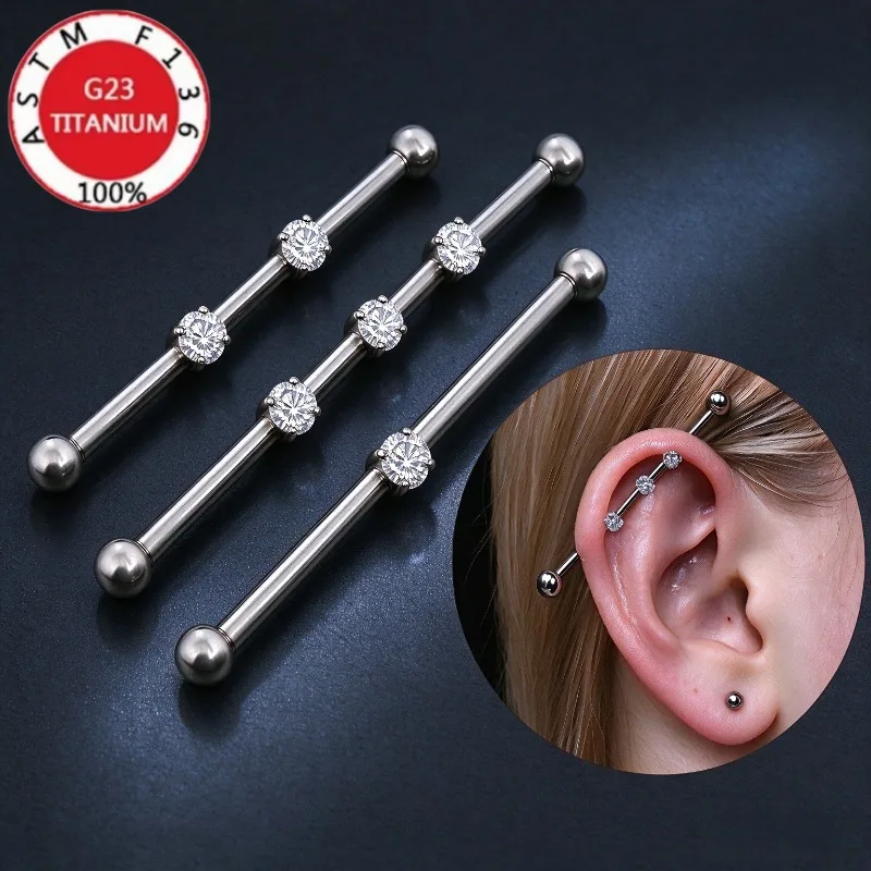 34-38mm G23 Titanium Double Holes Barbell Earring Four Claws Zircon Ear Bridge Tragus Helix Septum Piercing Studs Body Jewelry