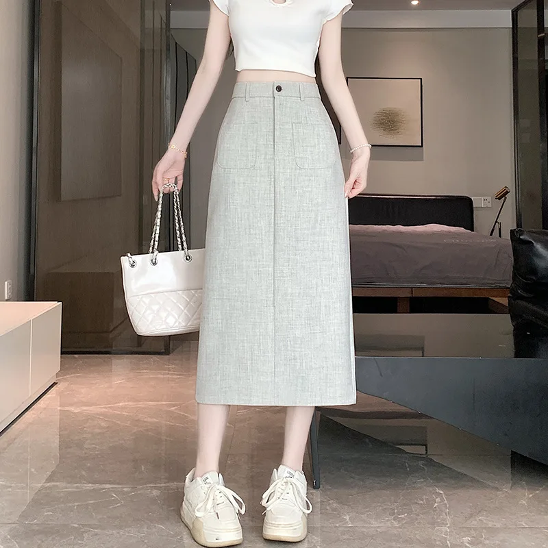 Women's double pocket high waisted tweed skirt 2024 new spring/autumn small fragrance style back slit A-line long skirt