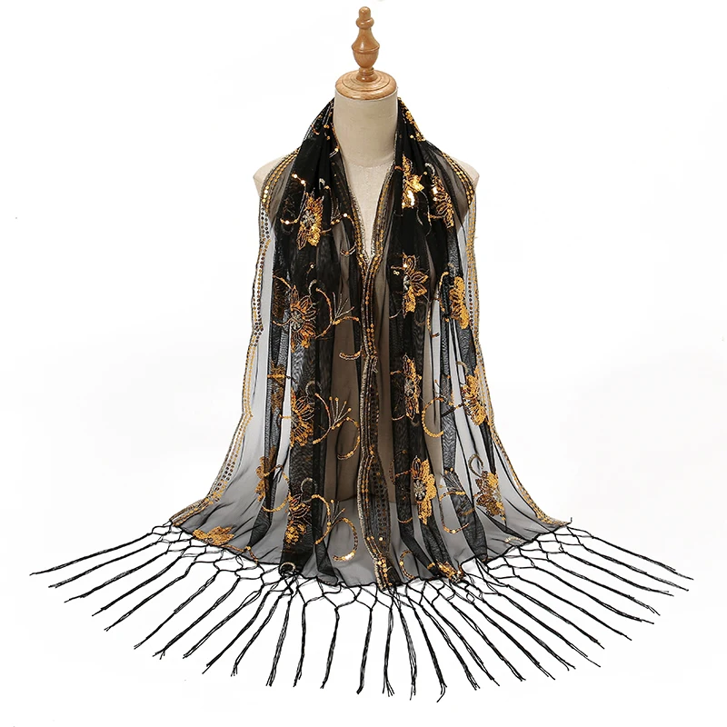 Vintage Flower Tassel Sequin Shawl Scarf Elegant Long Muslim Women Wrap Party Evening Dress Shawl Fringed Wedding Cape Prom